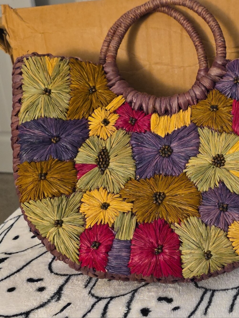 Handwoven Floral Raffia Tote in Multicolor